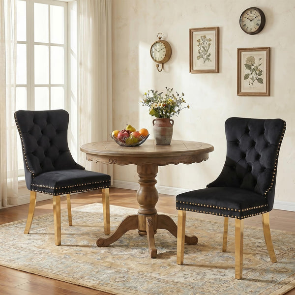 #BLACK/GOLD Button Tufted Velvet Dining Chairs Sets of 2 8 View 23