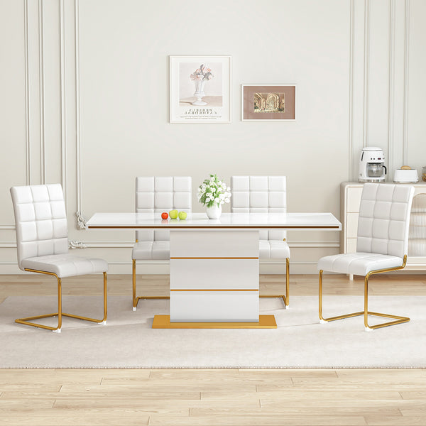 DT0215GW 5-Piece MDF Dining Set + 4 White PU Chairs (Gold)