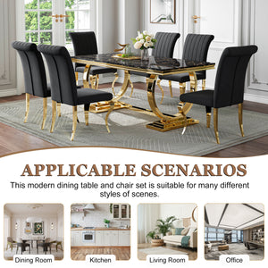 Modern Black & Gold 7-Piece Dining Set | Comfortable Fabric Chairs + Metal Frame