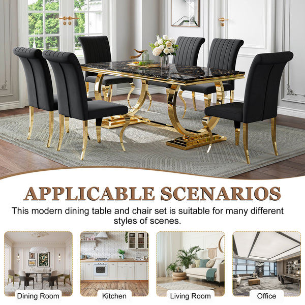 Modern Black & Gold 7-Piece Dining Set | Comfortable Fabric Chairs + Metal Frame