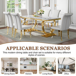 Elegant White & Gold 7-Piece Dining Set | Comfortable PU Chairs + Gold Metal Frame Zemorn