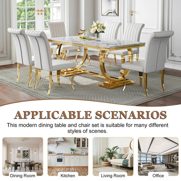 Elegant White & Gold 7-Piece Dining Set | Comfortable PU Chairs + Gold Metal Frame Zemorn