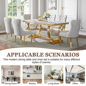 Luxury White & Gold 7-Piece Dining Set | Plush Velvet Chairs + Gold Metal Frame Zemorn