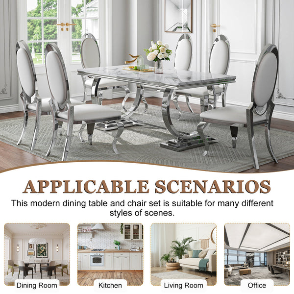 Modern White & Silver 7-Piece Dining Set | Easy-Clean PU Chairs + Silver Metal Frame ZEMORN