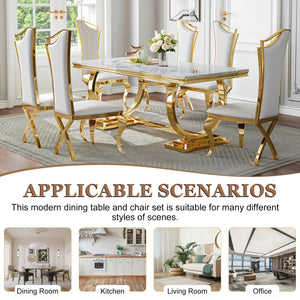 Modern White & Gold 7-Piece Dining Set | High-Back PU Chairs + Gold Metal Frame Zemorn