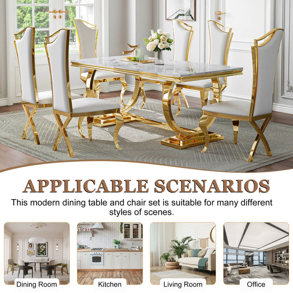 Modern White & Gold 7-Piece Dining Set | High-Back PU Chairs + Gold Metal Frame Zemorn
