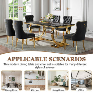 Luxury Black & Gold 7-Piece Dining Set | Plush Velvet Chairs + Gold Metal Frame Zemorn