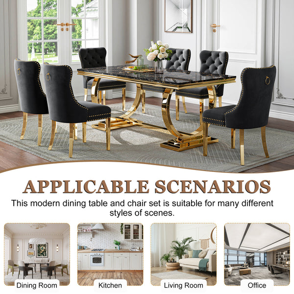 Luxury Black & Gold 7-Piece Dining Set | Plush Velvet Chairs + Gold Metal Frame Zemorn