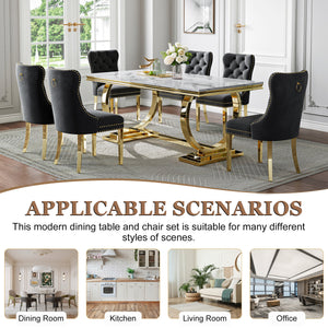 Chic White & Gold 7-Piece Dining Set | Black Velvet Chairs + Gold Metal Frame Zemorn