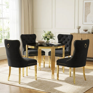 37 Inch Black Glass Dining Set with 2 or 4 Black Velvet Chairs Gold Base - Zemorn