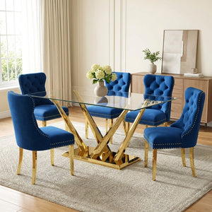 63 Inch Glass Dining Set, 4 or 6 Chairs Blue Velvet Chairs Gold Base - Zemorn