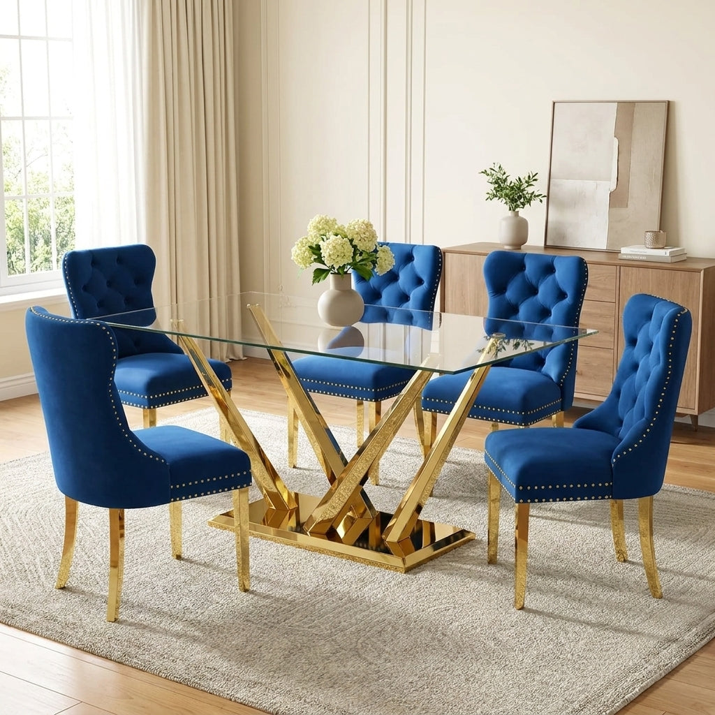 63 Inch Glass Dining Set, 4 or 6 Chairs Blue Velvet Chairs Gold Base - Zemorn