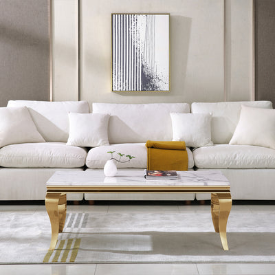 #White/Gold 47 Inch White MDF Coffee Table with Metal Base - Zemorn