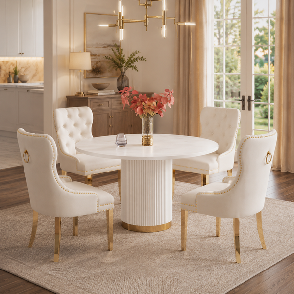 LuxeWood 46 Inch Round MDF Dining Table Gold Metal Base - Zemorn