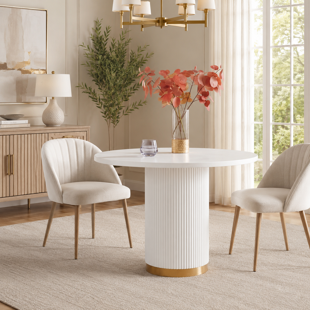 LuxeWood 35 Inch Round MDF Dining Table Gold Metal Base Detail View
