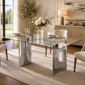 Crystal 63 Inch Glass Dining Table with Double Base, Seats 6 - Zemorn