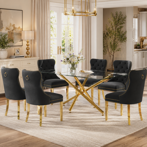 #BLACK/GOLD 63 Inch Glass Dining Set with 4 or 6 Velvet Chairs Gold or Silver Base - Zemorn