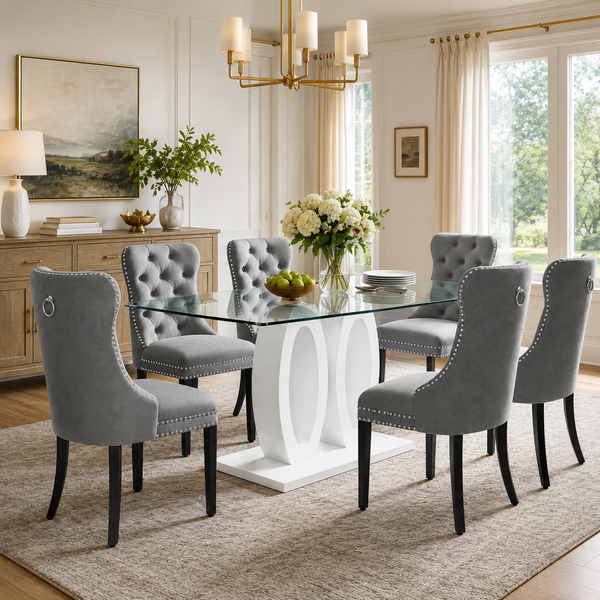 63" Modern 7-Piece Glass Dining Set, Seats 6 – Grey Velvet Chairs, Silver Metal Base