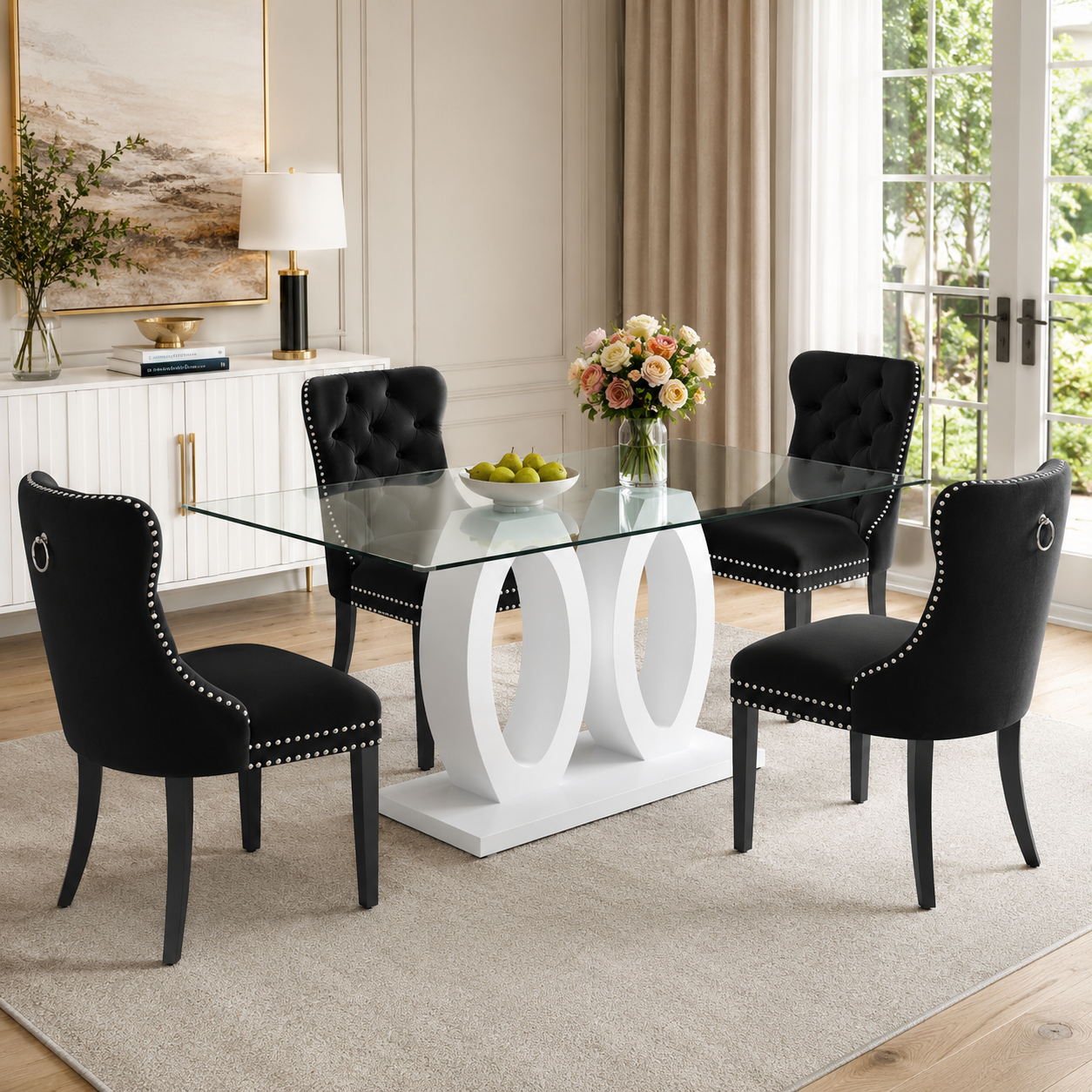 63" Modern 7-Piece Glass Dining Set, Seats 6 – White Velvet Chairs, Silver Metal Base
