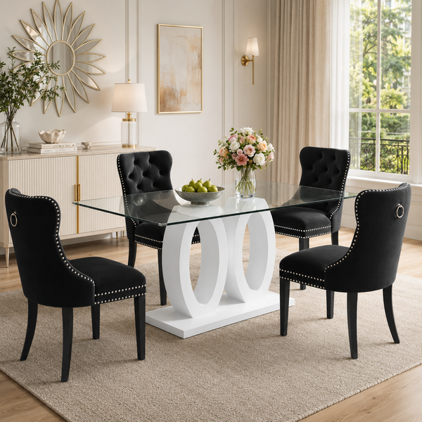 63 Inch White Glass 5 Piece Dining Set with Black Velvet Chairs - Zemorn