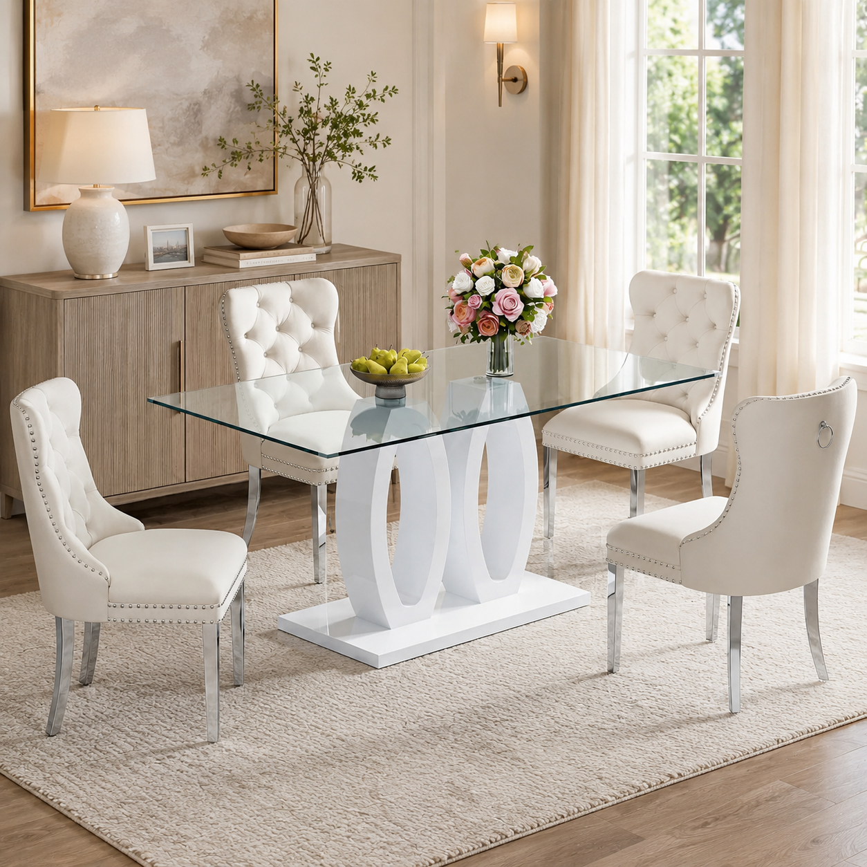 63" Modern 7-Piece Glass Dining Set, Seats 6 – White Velvet Chairs, Silver Metal Base