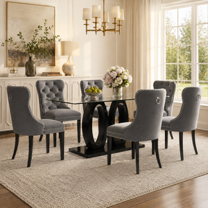 63" Modern 7-Piece Glass Dining Set, Seats 6 – Grey Velvet Chairs, Black and Gold Metal Base