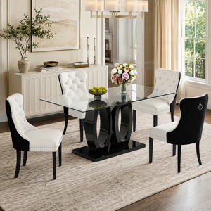 63" Modern 5-Piece Glass Dining Set, Seats 4 – White Velvet Chairs, Black and Gold Metal Base