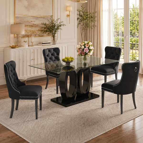 63 Inch Black Glass Dining Set with 4 or 6 Wood Frame Black Velvet Chairs - Zemorn
