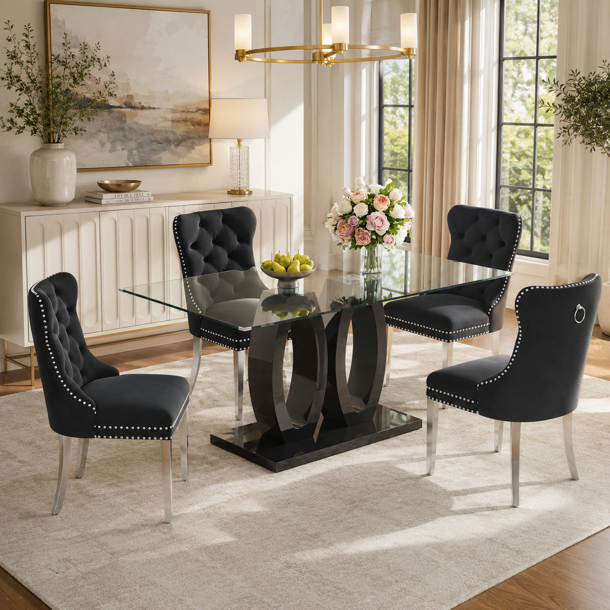 63" Modern 7-Piece Glass Dining Set, Seats 6 – Black Velvet Chairs, Silver Metal Base