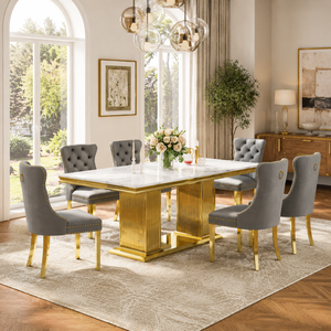 69 Inch MDF Dining Set, 7 Piece, Seats 6 Gray Velvet Chairs Gold Base - Zemorn