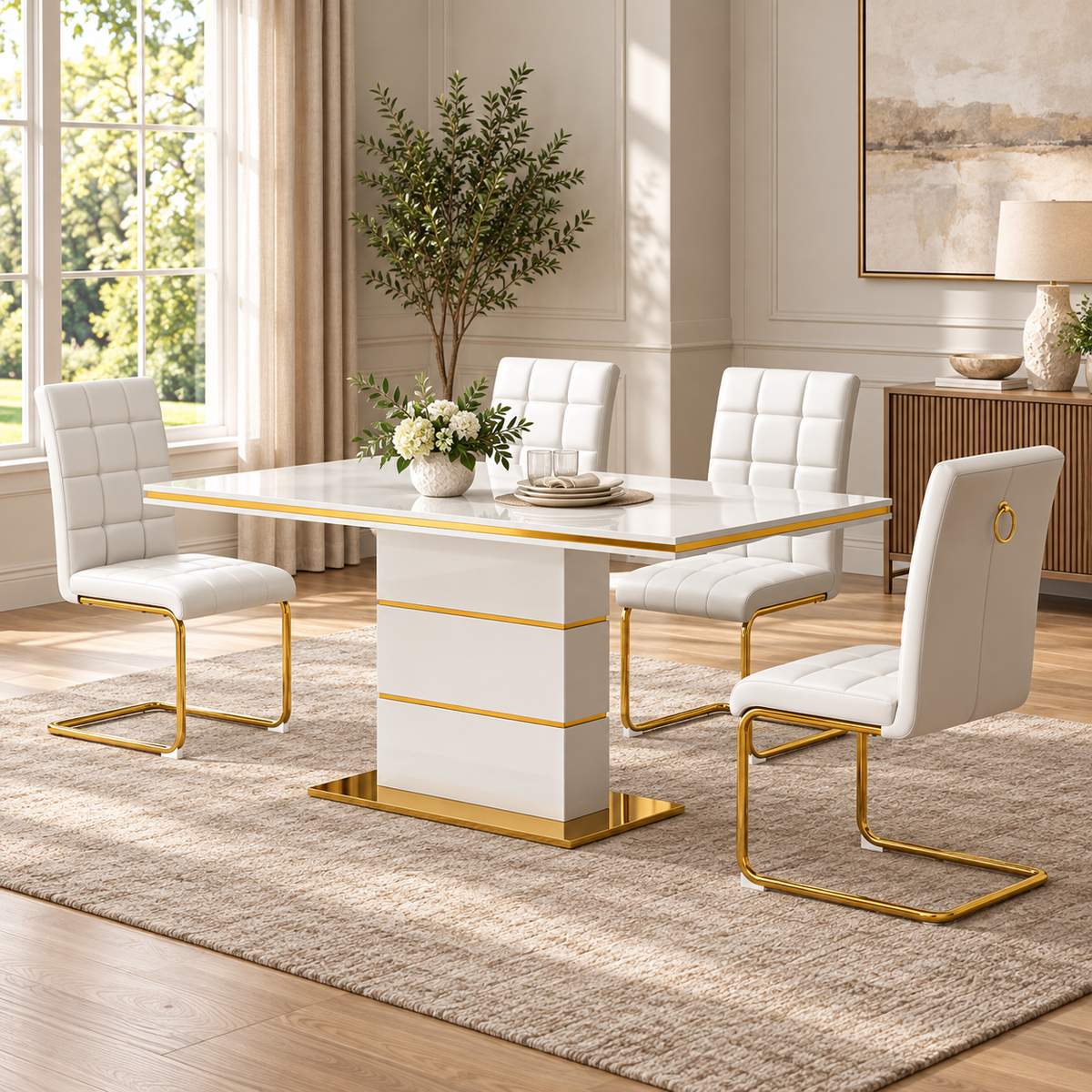 63 Inch 5 Piece MDF Dining Set Tall White Faux Leather Chairs - Zemorn