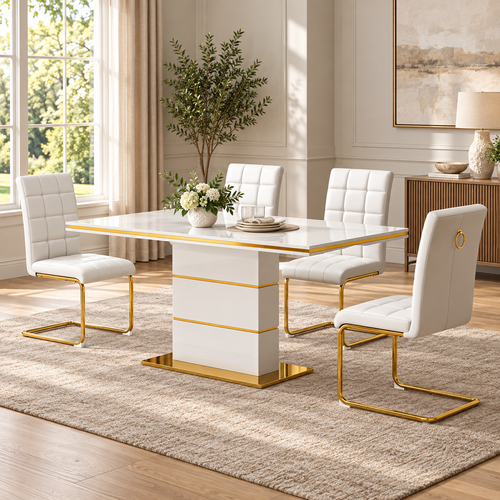 63 Inch 5 Piece MDF Dining Set Tall White Faux Leather Chairs - Zemorn