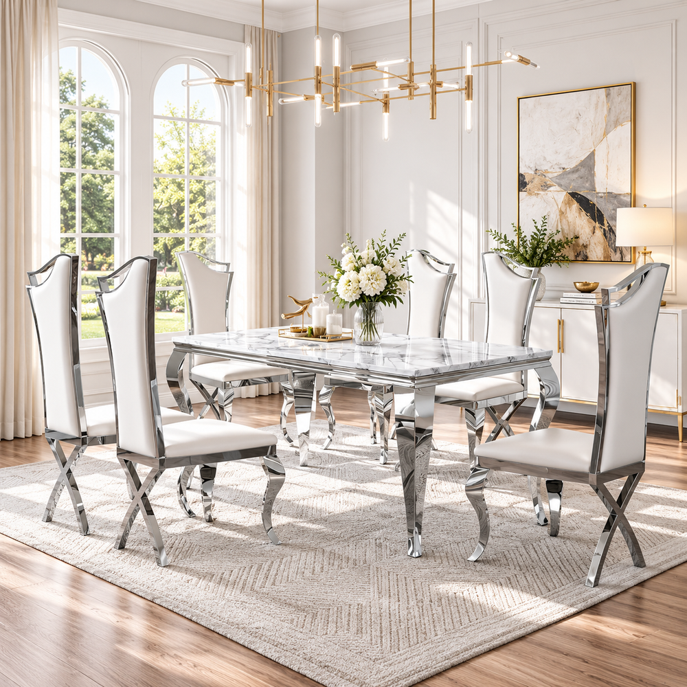 70 Inch 7 Piece MDF Dining Set with Extra Tall White Faux Leather Chairs Silver Base - Zemorn