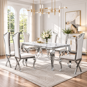 70 Inch 7 Piece MDF Dining Set with Extra Tall White Faux Leather Chairs Silver Base - Zemorn