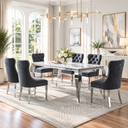 70 Inch 7 Piece MDF Dining Set with Button Tufted Black Velvet Chairs Curved Silver Base - Zemorn