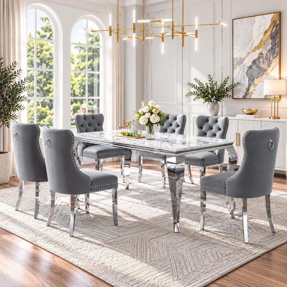 70 Inch 7 Piece MDF Dining Set Button Tufted Gray Velvet Chairs - Zemorn