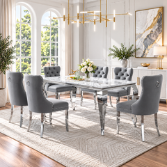 70 Inch 7 Piece MDF Dining Set Button Tufted Gray Velvet Chairs - Zemorn
