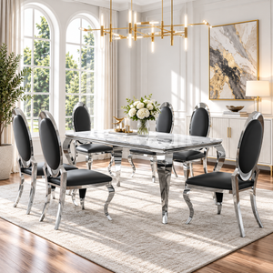 70 Inch 7 Piece MDF Dining Set with Oval Back Black Faux Leather Chairs Silver Base - Zemorn
