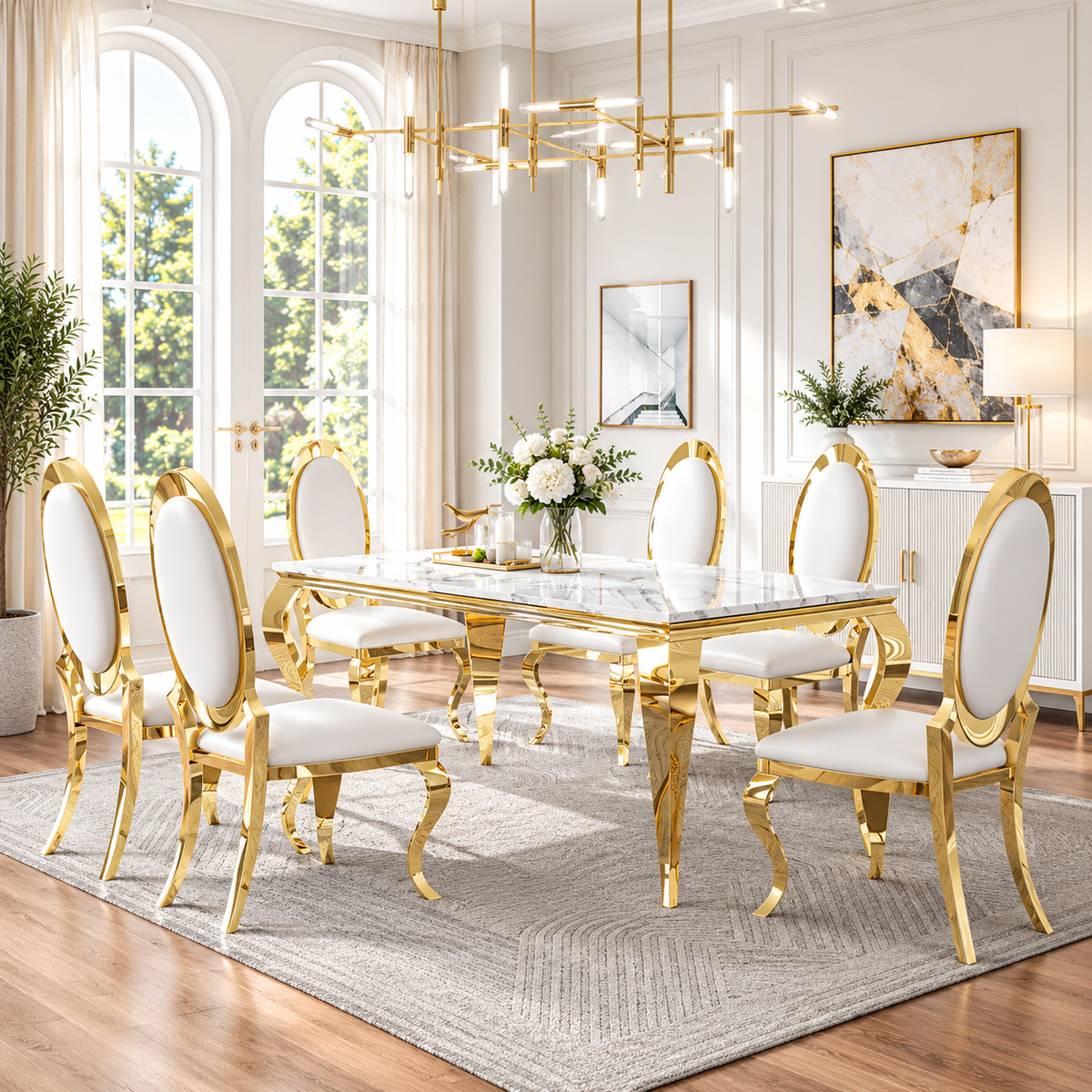 70 Inch 7 Piece MDF Dining Set with Oval Back White Faux Leather Chairs Gold Base - Zemorn