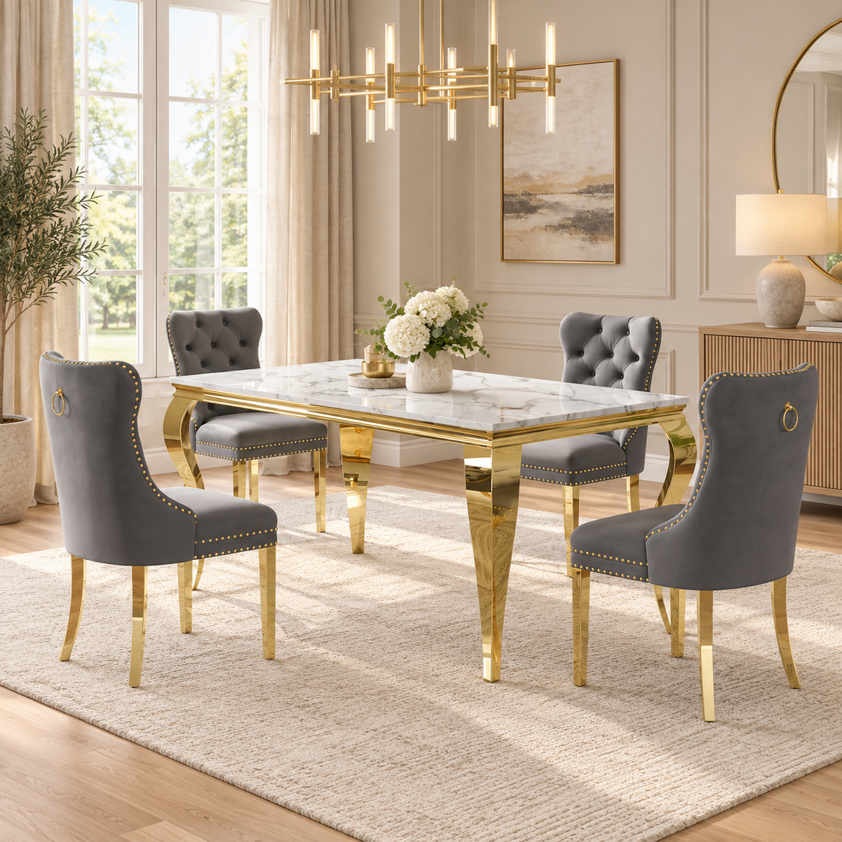 70 Inch MDF Dining Set 4 or 6 Button Tufted Gray Velvet Chairs - Zemorn