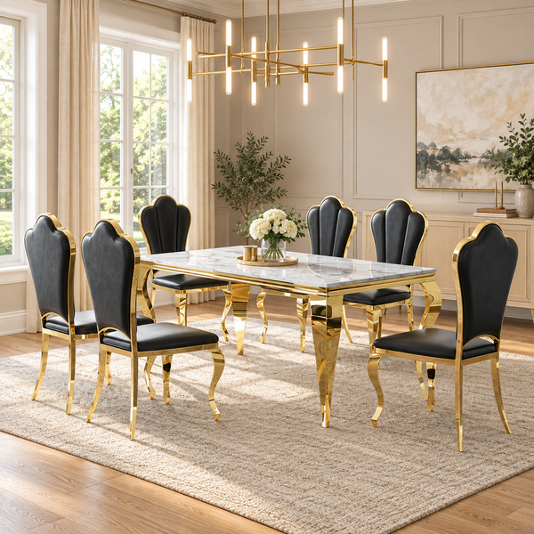 70 Inch 7 Piece MDF Dining Set Extra Tall Black Faux Leather Chairs - Zemorn