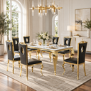 70 Inch 7 Piece MDF Dining Set with Keyhole Back Black Faux Leather Chairs Gold Base - Zemorn