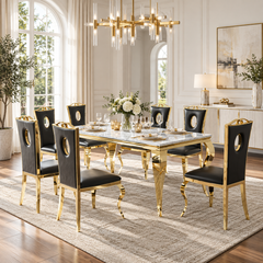 70 Inch 7 Piece MDF Dining Set with Keyhole Back Black Faux Leather Chairs Gold Base - Zemorn
