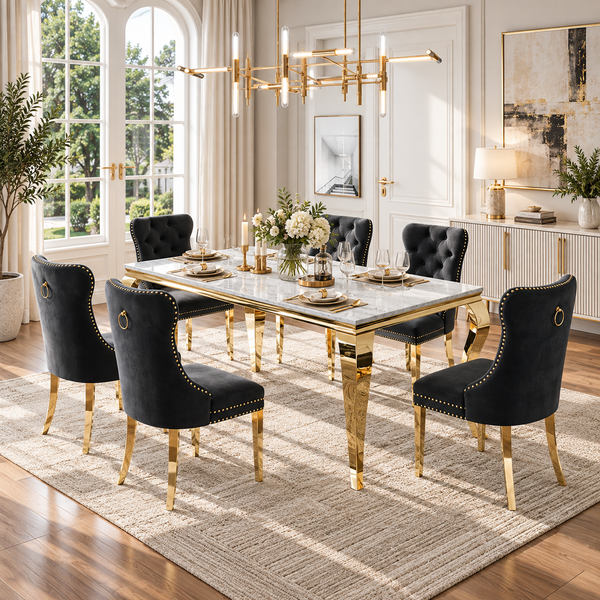 70 Inch 7 Piece MDF Dining Set with Button Tufted Black Velvet Chairs Curved Gold Base - Zemorn