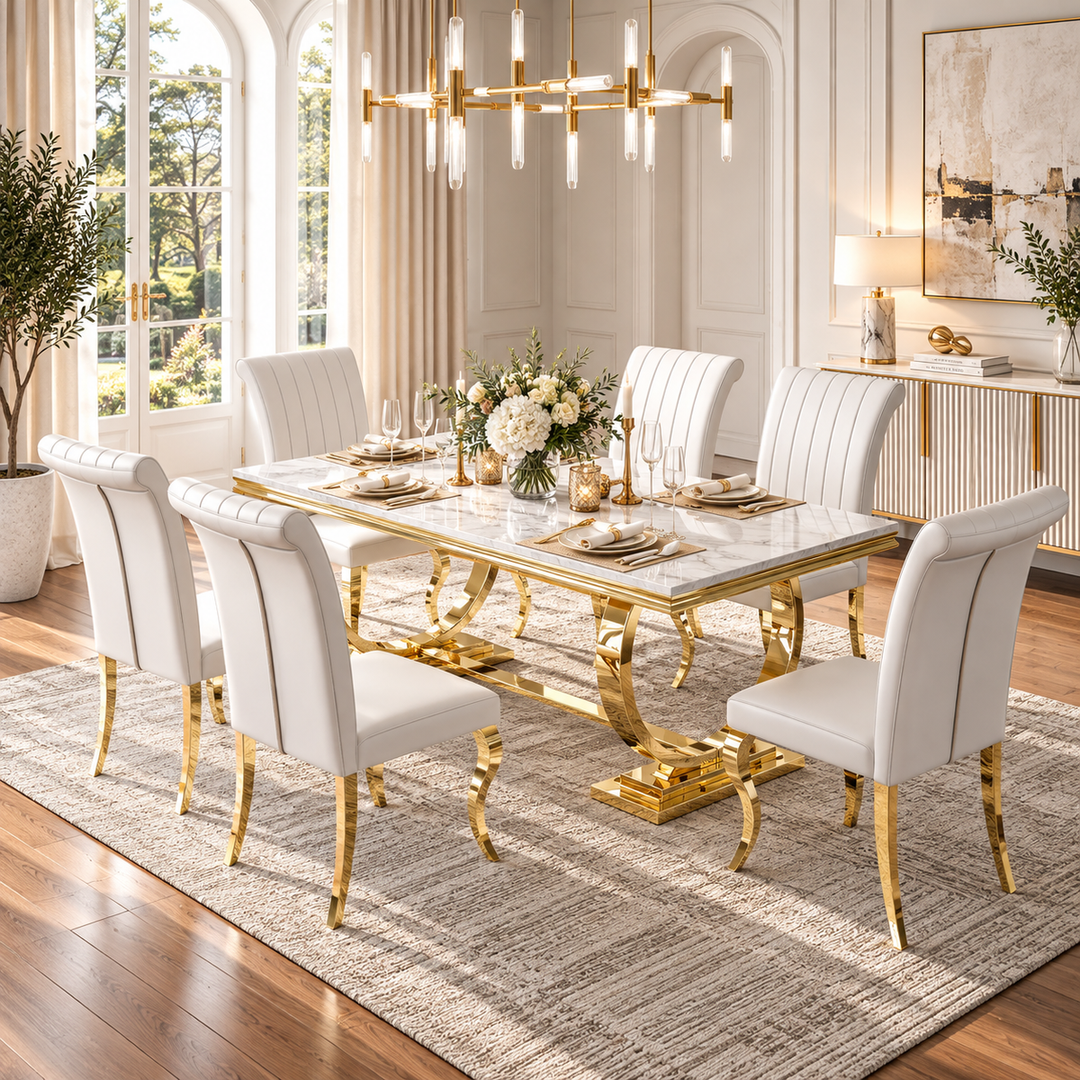 70 Inch 7 Piece MDF Dining Set White Upholstered Chairs - Zemorn
