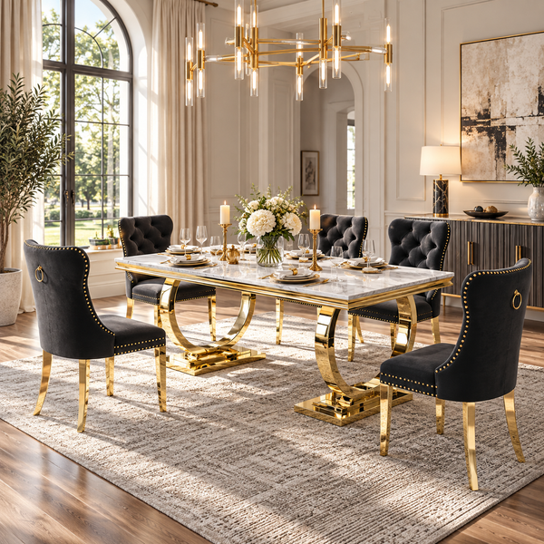 70 Inch 7 Piece MDF Dining Set Button Tufted Black Velvet Chairs, Gold Base - Zemorn