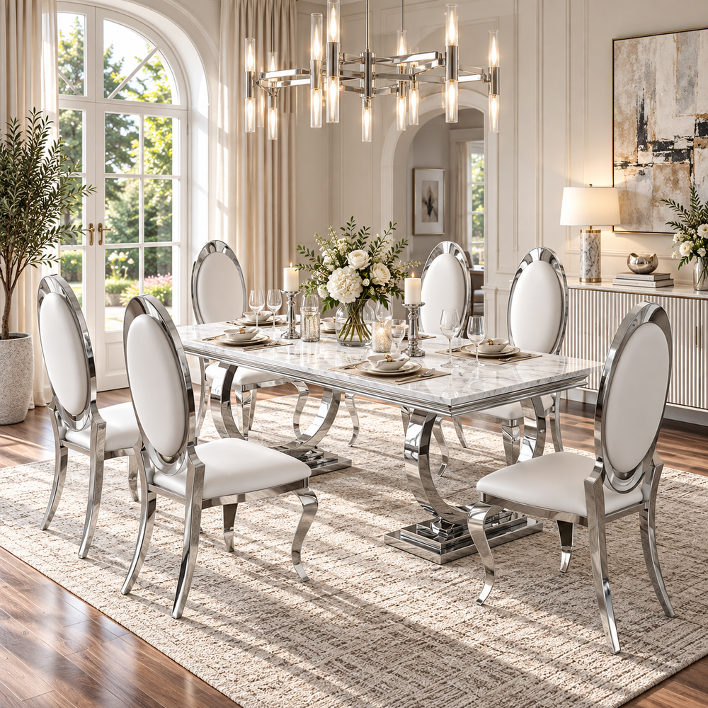 70 Inch 7 Piece MDF Dining Set High Back White Faux Leather Chairs, Silver Base - Zemorn
