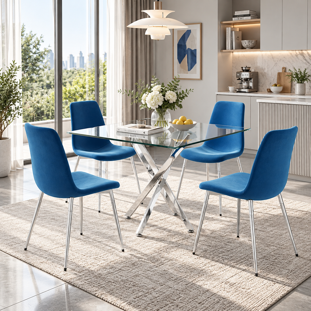 Glam 36 Inch 5 Piece Glass Dining Set Compact Blue Velvet Chairs, Silver Base - Zemorn