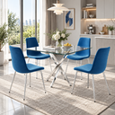 Glam 36 Inch 5 Piece Glass Dining Set Compact Blue Velvet Chairs, Silver Base - Zemorn