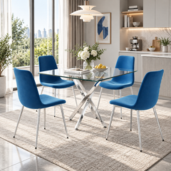 Glam 36 Inch 5 Piece Glass Dining Set Compact Blue Velvet Chairs, Silver Base - Zemorn